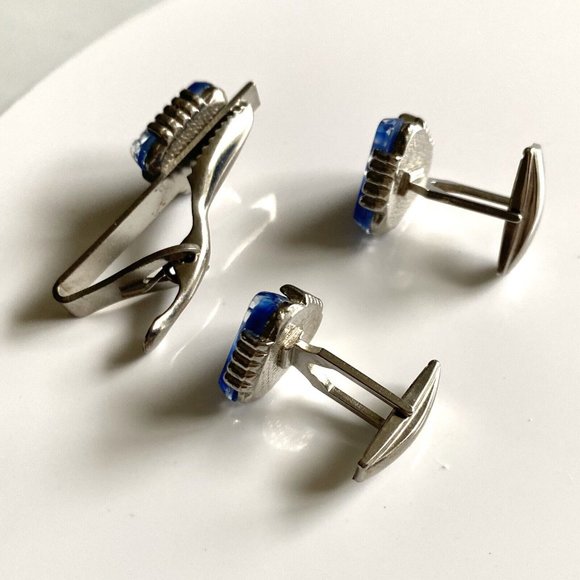 Cuff Link Tie Clip 3 Piece Set Blue Stones Silver Toned.........40 - Picture 5 of 8
